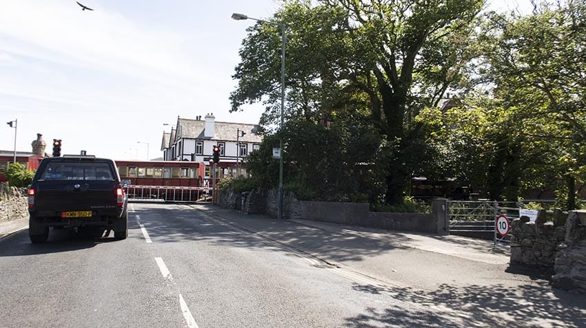 steam train crossing outside Port St Mary