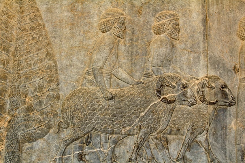 8 Amazing UNESCO Sites in The Middle East - Off the Beaten Track 6 Bas relief of two bearded shepherds with two rams with a tree on the left hand side
