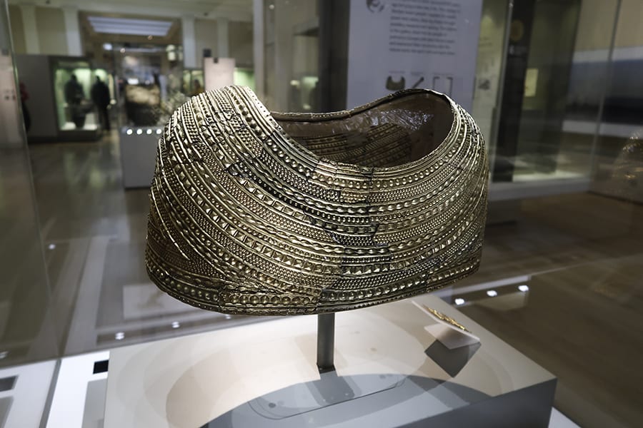 Early Bronze-Age Gold Cape 1900 1600BC found in Flintshire mounted on a stand and in a glass box