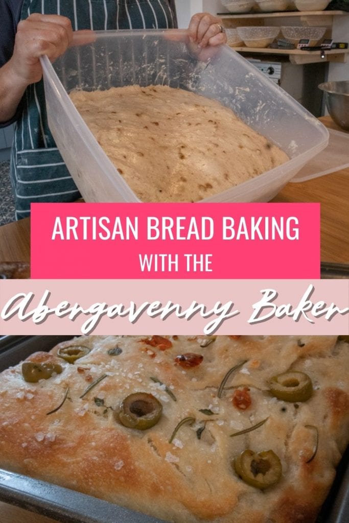 Artisan Bread Baking at the Abergavenny Baker 27 Image of a plastic container of dough and focaccia with white text overlay on bright pink and pale pink saying Baking Artisan Bread Baking with the Abergavenny Baker