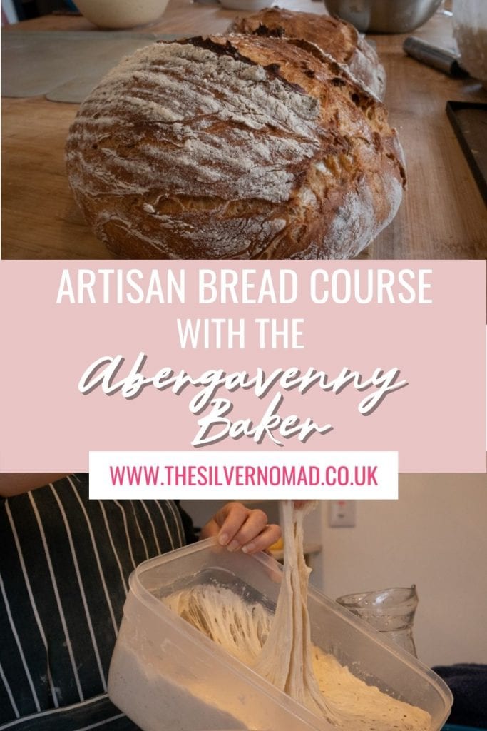 Artisan Bread Baking at the Abergavenny Baker 25 Image of a loaf of bread on top and dough being pulled out of a plastic container with white text overlay on pale pink saying Artisan Bread Course with the Abergavenny Baker