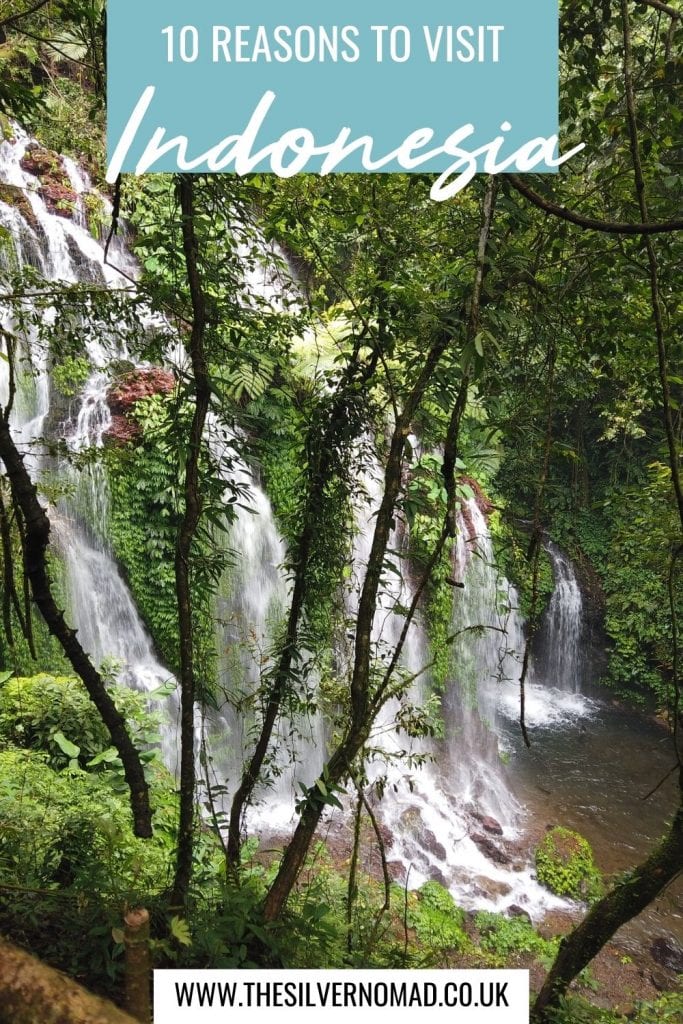 10 Great Reasons To Visit Indonesia 13 Image of a waterfall with 10 reasons to visit Indonesia superimposed