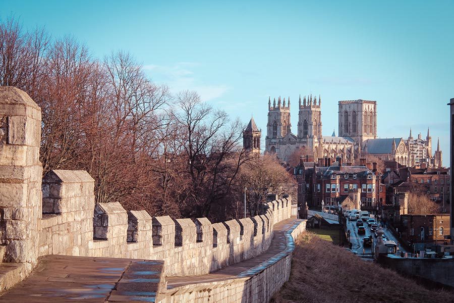 castellated wall leading to York Cathedral