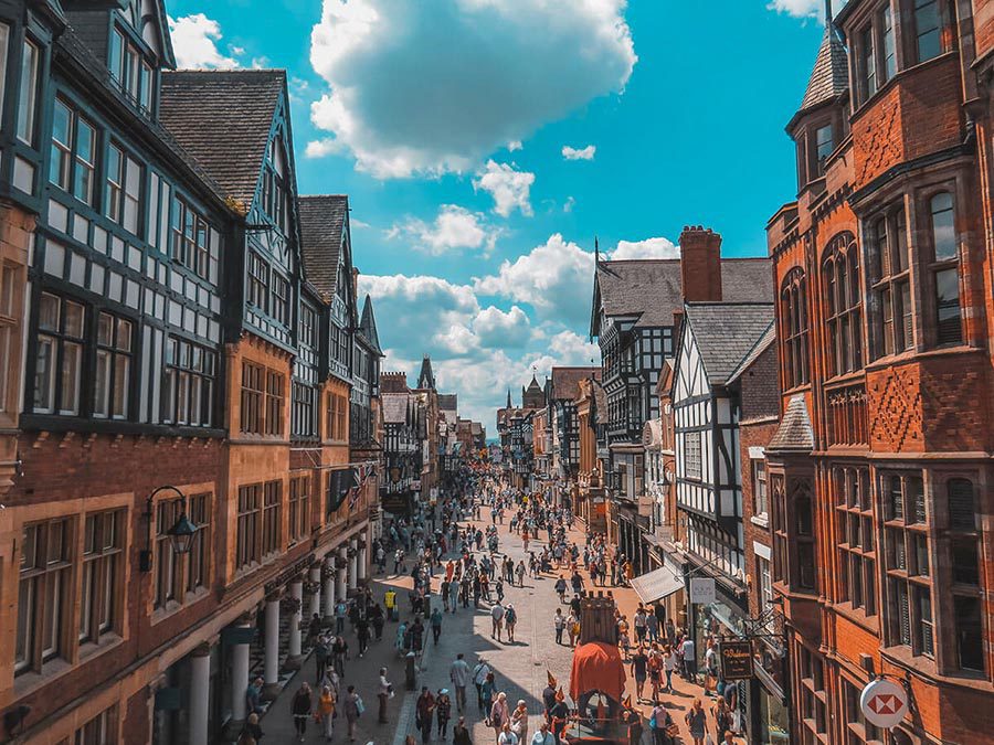 Chester street with Tudor style buildings 