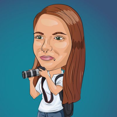 caricature of women with camera on blue background