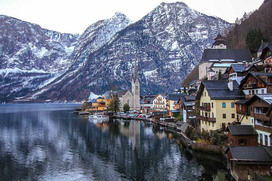 Hallstatt, lake with hills behind and village