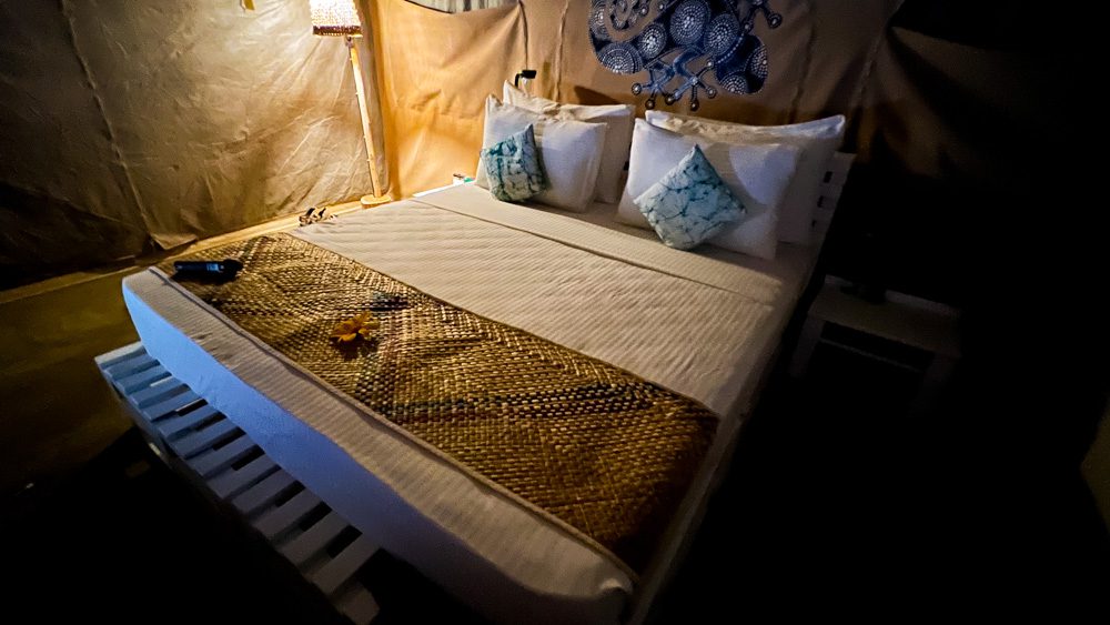 An Eco-Friendly Stay at Wild Glamping Gal Oya, Sri Lanka (2025) 6 Tent with bed with white linen and two tie-dye print cushions. In the corner is a lamp and above the bed is a print of a lizard in black and white