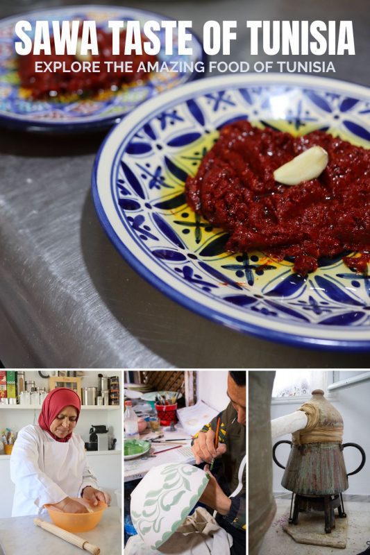 Sawa Taste of Tunisia: Explore the amazing food of Tunisia (2024) 67 Sawa Taste of Tunisia Day 1 with 4 pictures - main one red harissa on blue and white plate; the bottom left a Tunisian woman in a white apron and red scarf mixing dough in a orange bowl; middle picture man painting a white bowl with green flower pattern; bottom right a copper still for floral waters with green streaks on it