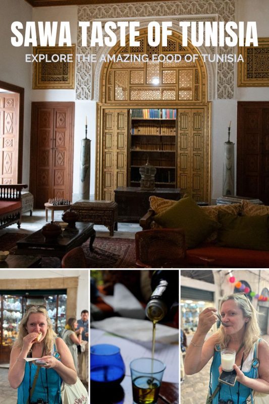 Sawa Taste of Tunisia: Explore the amazing food of Tunisia (2024) 69 Sawa Taste of Tunisia Day 1 with 4 pictures - main one a room in d'Elanger palace with ornate gold fretwork to library and couches; bottom left woman in turquoise dress sampling food in a market; middle picture olive oil being poured into a glass cup; bottom right a woman in turquoise dress trying fermented milk