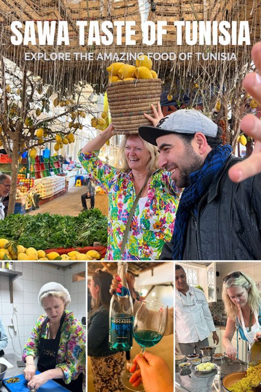 Sawa Taste of Tunisia: Explore the amazing food of Tunisia (2024) 68 Sawa Taste of Tunisia Day 3 with 4 picutres - main one with women and man, the woman has a basket of lemons on her head, bottom left, woman in a kitchen with a net on her head and a black apron cutting peppers, middle picture shows a hand holding a glass with blue wine in it and a half filled bottle; bottom right picture is woman emptying a pan of couscous with a man in chef coat behind her