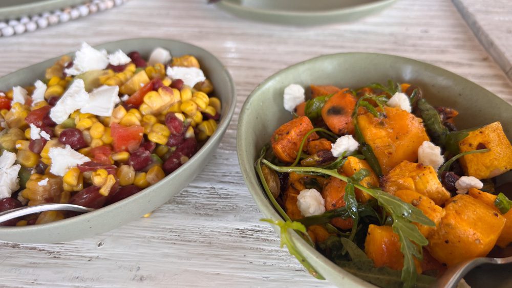 The Luxurious Xaranna Camp By &Amp;Beyond, Okavango Delta, Botswana (2024) 16 corn and feta salad in one green bowl and sweet potato and feta in another