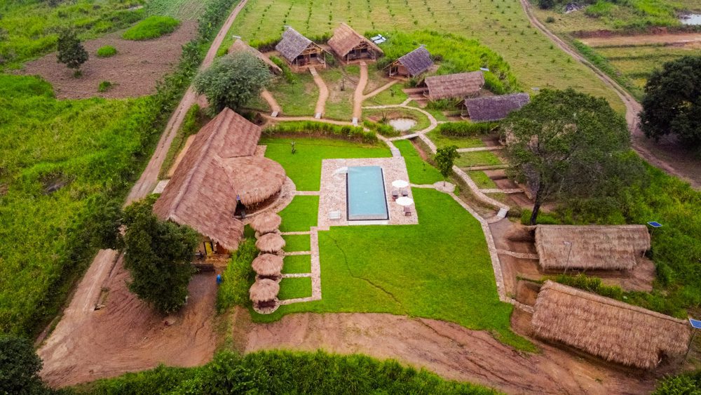Wild Glamping Gal Oya showing the 10 cabanas, the raised swimming pool and th grounds