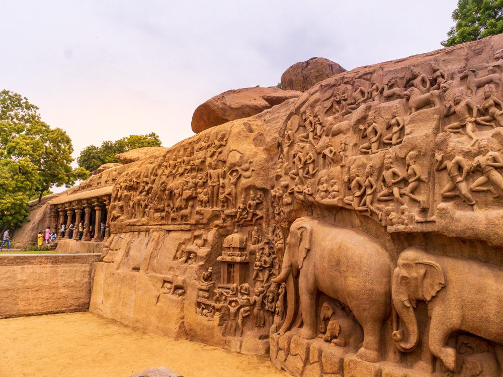 Arjuna's Penance intricately carved with elephants, mythical creatures and pillars