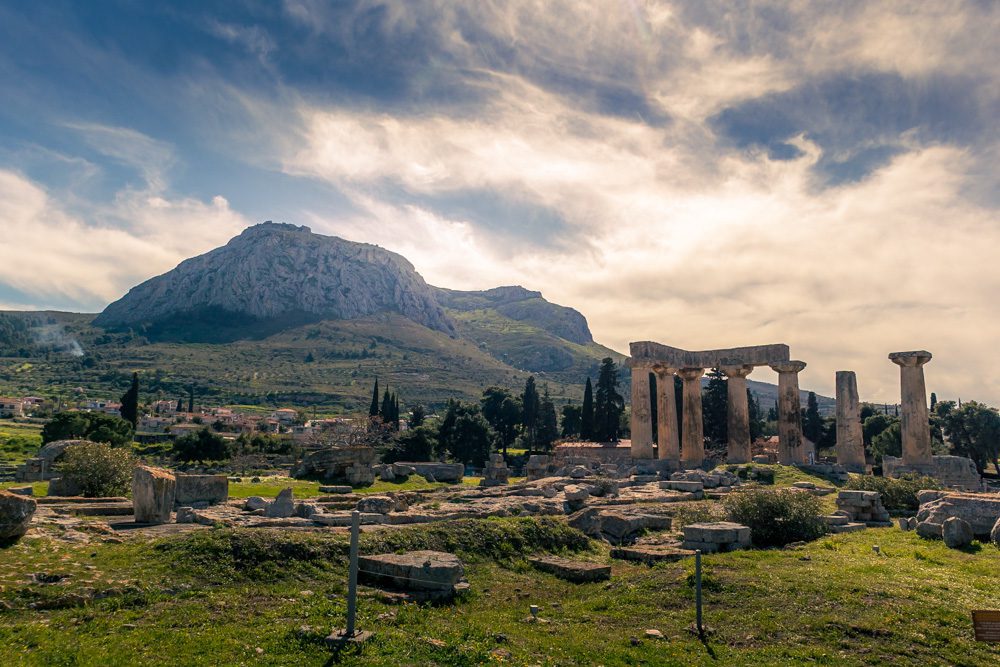 Ancient Corinth with Acrocorinth on top of the hill