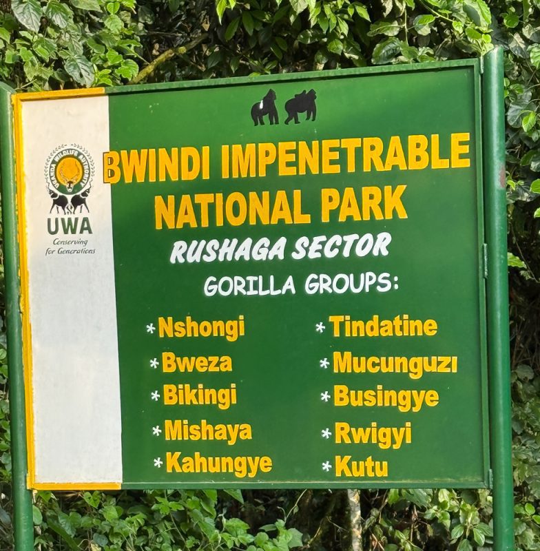 Gorilla Trekking In Bwindi: Everything You Need To Know Before You Go 6 Green, yellow and white welcome sign to Rushaga Sector detailing the 10 gorilla groups